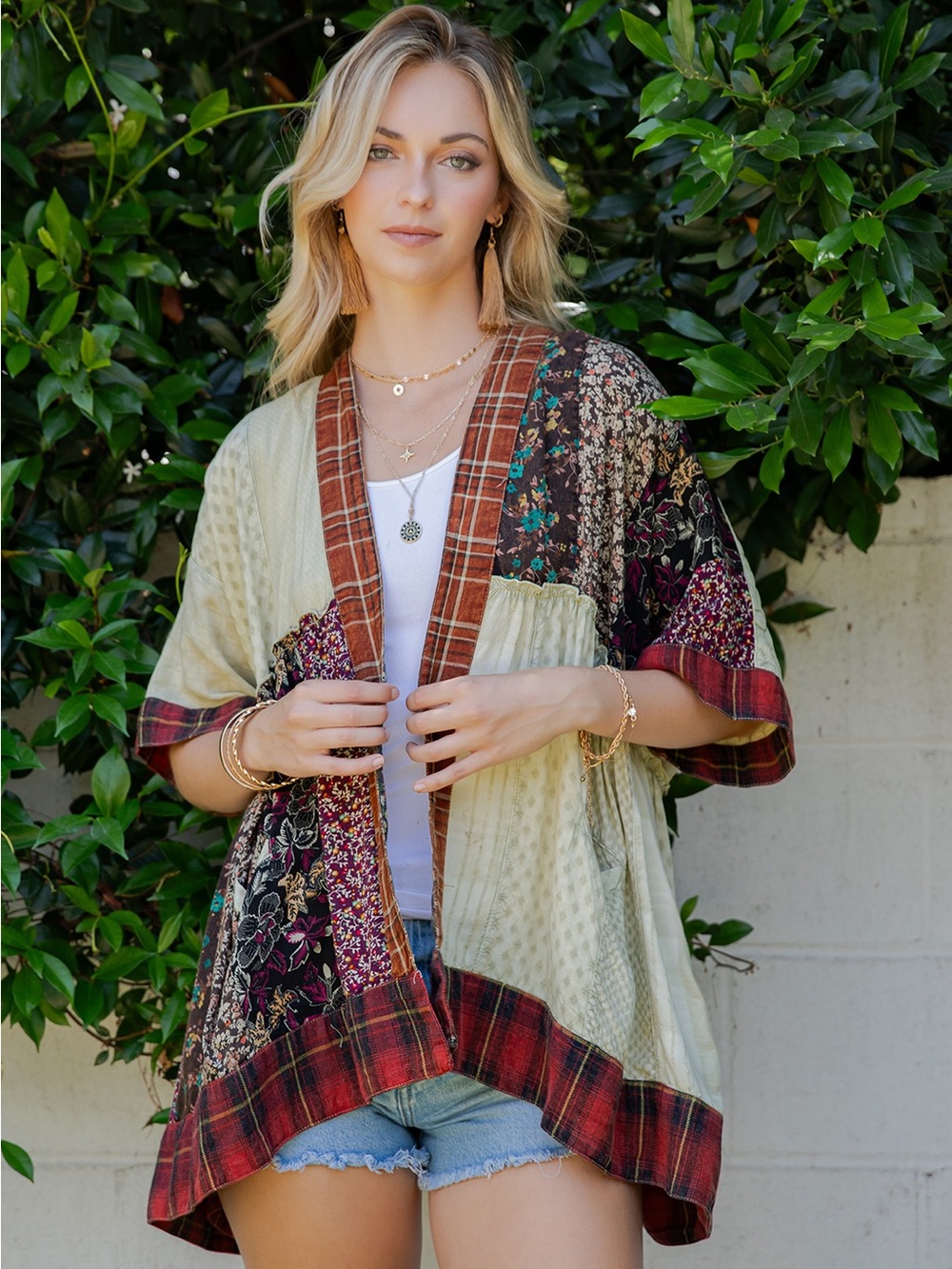 Patchwork Kimono Jacket in Sage and Burgundy